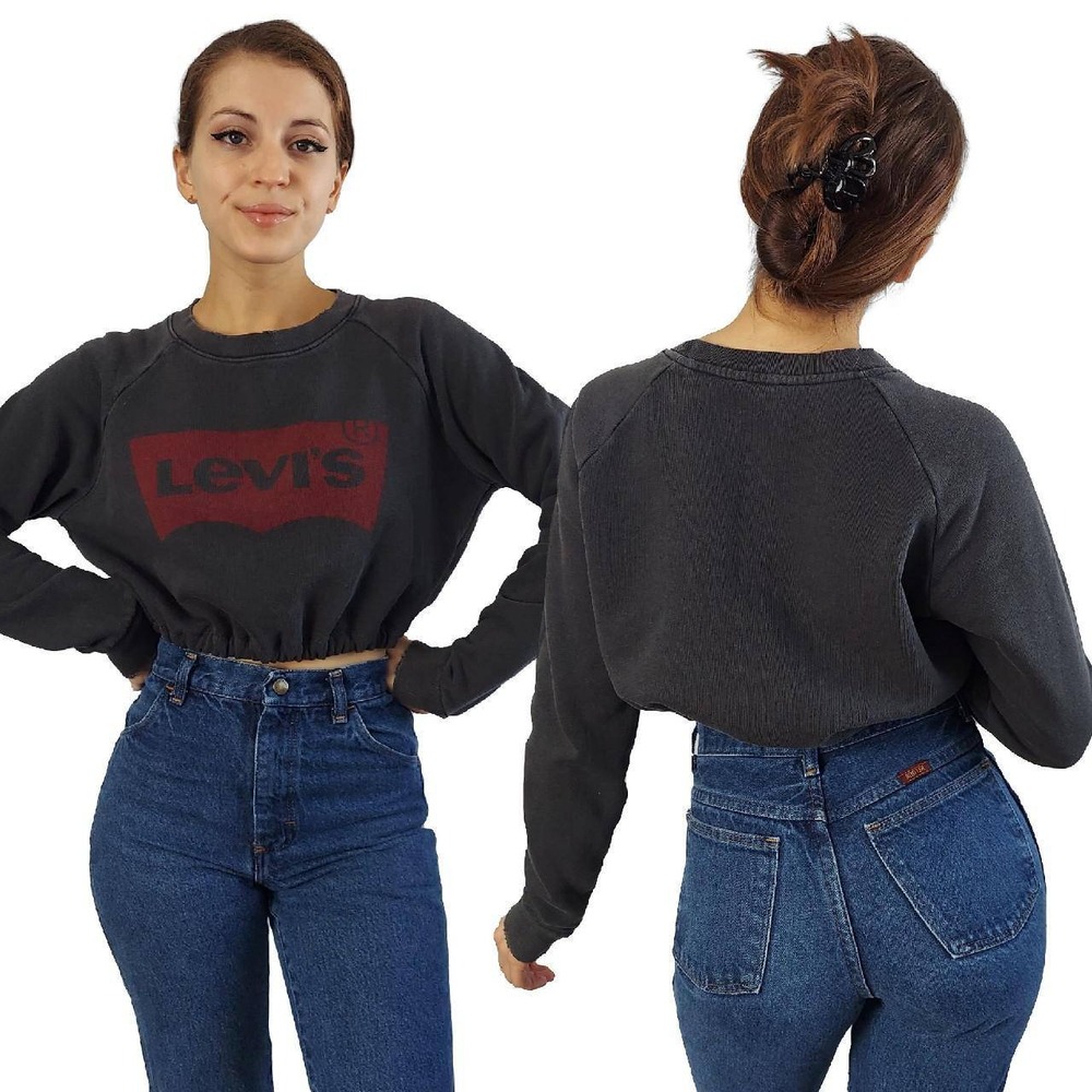Levi's Charcoal Batwing Logo Reworked Cropped Crewneck Sweatshirt